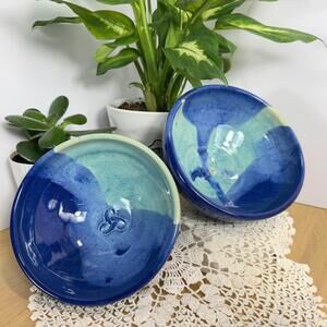 Studio Art Pottery Speckle Blue Green Turquoise Drip Glaze Ceramic Bowl Set of 2